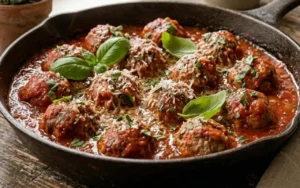 Polpette di carne e ricotta immerse in un denso sugo di pomodoro rosso, guarnite con basilico fresco in una padella di ghisa su tavolo rustico.