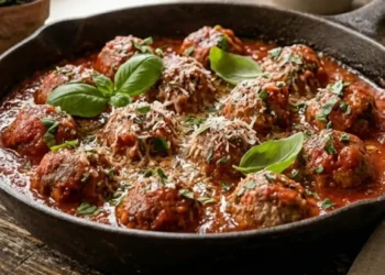 Polpette di carne e ricotta immerse in un denso sugo di pomodoro rosso, guarnite con basilico fresco in una padella di ghisa su tavolo rustico.