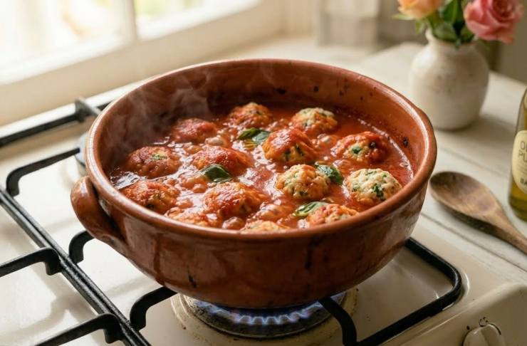 A questo punto distribuite delicatamente le polpette di pane nel sugo bollente, coprite con un coperchio e lasciate cuocere a fuoco dolce per circa 20/25 minuti. Non mescolate con il cucchiaio per i primi 10 minuti per evitare di romperle: scuotete delicatamente la pentola. Terminata la cottura servite le polpette calde, con abbondante sugo ed una spolverata di formaggio grattugiato fresco: sentirete che profumino!&nbsp;