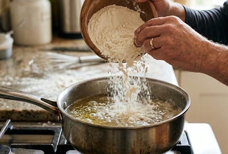 Iniziamo versando l’acqua e i 20 grammi di olio di semi in un pentolino, quindi portiamo sul fuoco a fiamma dolce. Appena il liquido sfiora il bollore versiamo all’interno anche la farina e mescoliamo velocemente fino a quando il composto non si compatta;