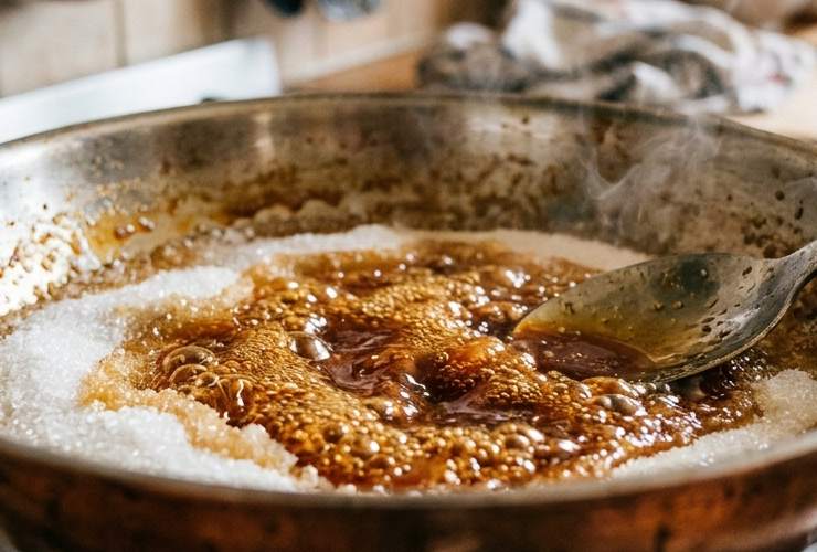 Iniziamo dal caramello: riversiamo lo zucchero in un tegame, portiamo sul fuoco e lasciamo sciogliere senza mescolare e una volta ambrato riversiamo negli appositi stampi per il creme caramel;