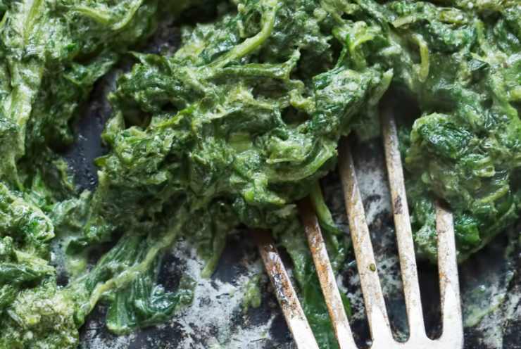 Per prima cosa riversiamo un filo d’olio in una padella antiaderente con uno spicchio di aglio e lasciamo dorare. Accorpiamo gli spinaci e un goccio di acqua, quindi copriamo con coperchio e lasciamo intenerire per una decina di minuti. Saliamo e spegniamo la fiamma e riversiamo gli spinaci in un frullatore;