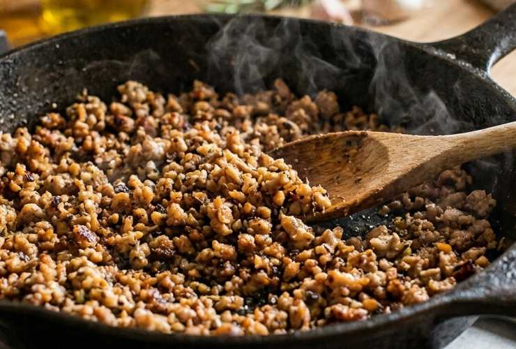 Per prima cosa portiamo sul fuoco la pentola con l’acqua in cui cuoceremo la pasta. Eliminiamo il budello delle salsicce e sbricioliamole alla meglio in una padella con un filo d’olio e un po’ di cipolla tritata;