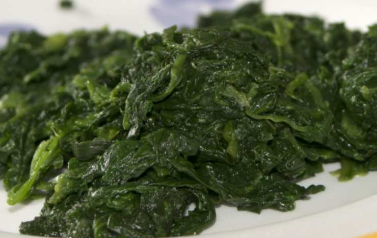 In una padella antiaderente rosoliamo lo spicchio di aglio con un filo d’olio d’oliva. Uniamo gli spinaci (io uso quelli surgelati) e un goccio di acqua e copriamo col coperchio. Lasciamo cuocere fino a intenerire e aggiustiamo il sale;