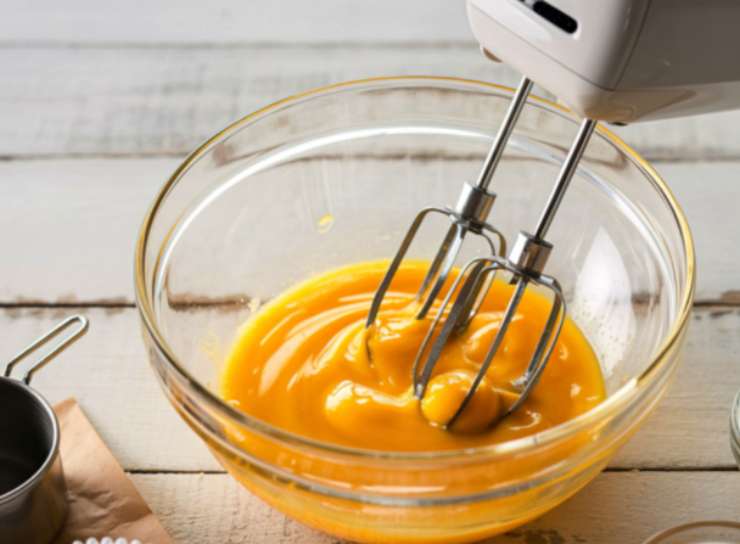 Rompiamo le uova in una ciotola e aggiungiamo lo zucchero poi lavoriamo con le fruste finché non otteniamo un composto spumoso. Uniamo l’olio di semi e lo yogurt e mescoliamo ancora;