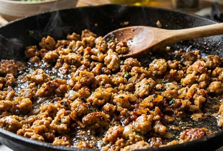 Iniziamo dalle salsicce: togliamo il budello e sbricioliamole in una padella con un filo d’olio e la cipolla tritata. Lasciamo dorare il tempo necessario, sfumiamo col vino bianco e lasciamo assorbire. Quando la carne sarà cotta spegniamo la fiamma e condiamo con sale e pepe;
