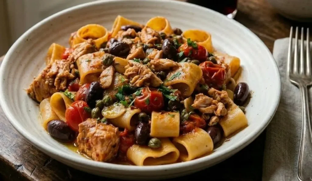 Primo piatto di Calamarata alla puttanesca con piccoli pezzi di pesce spada sfilacciati, olive nere, capperi e pomodorini succosi.