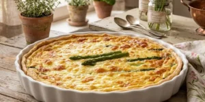 quiche-asparagi-prosciutto-mozzarella-ricetta-veloce Quiche agli asparagi e prosciutto in teglia di ceramica bianca su tavolo in legno, superficie gratinata e dorata, sfondo cucina shabby chic con fiori primaverili.