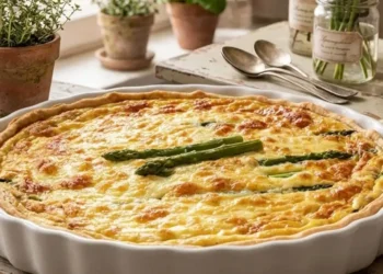 Quiche agli asparagi e prosciutto in teglia di ceramica bianca su tavolo in legno, superficie gratinata e dorata, sfondo cucina shabby chic con fiori primaverili.