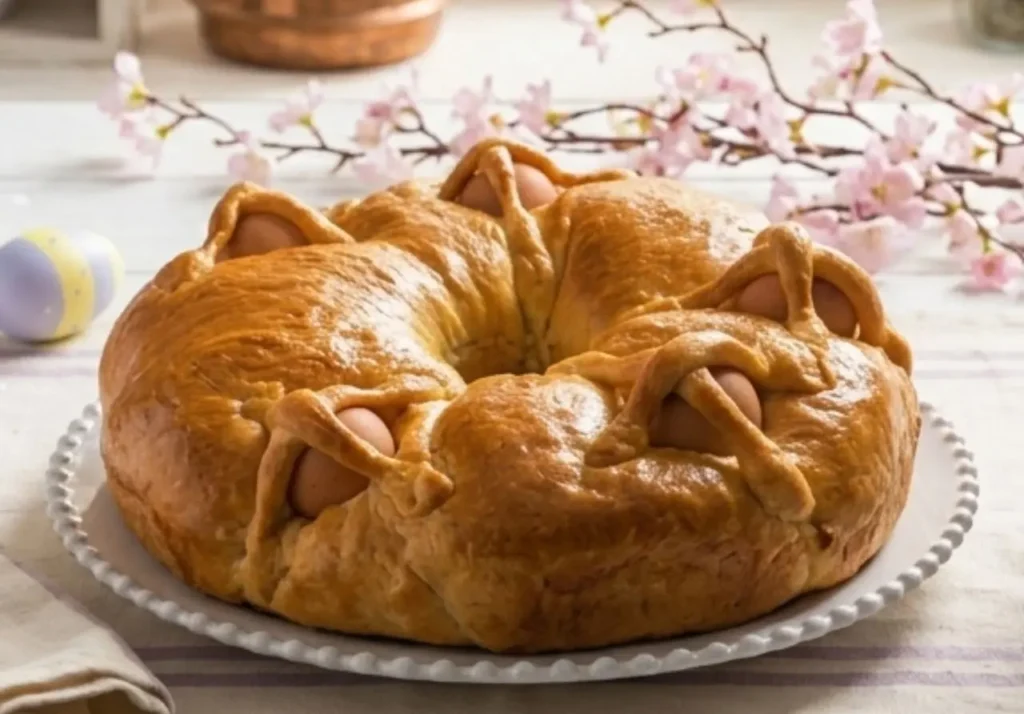 Casatiello napoletano antico con lievito madre criscito su tavola shabby chic