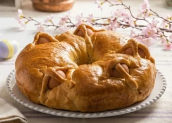 Casatiello napoletano antico con lievito madre criscito su tavola shabby chic