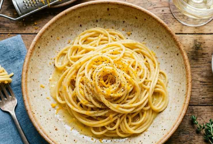 Mentre la pasta cuoce in una ciotola riversiamo i tuorli e sbattiamo per ottenere un composto cremoso. Scoliamo la pasta appena cotta e riversiamo nel tegame con le scorze alla julienne. Mescoliamo e uniamo i tuorli, continuando a girare a fiamma dolce per dare cremosità. Insaporiamo con sale e aromi a nostro gusto, spolveriamo il parmigiano e serviamo subito.