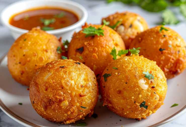 Stacchiamo delle porzioni e lavoriamo a formare delle palline. A parte rompiamo e sbattiamo le altre due uova, quindi riversiamo la farina in un recipiente a parte e altro pangrattato in un altra ciotola ancora. Scaldiamo l’olio per friggere in una padella e, quando caldo, rotoliamo le palline prima nella farina, poi immergiamo nell’uovo sbattuto e infine rotoliamo nel pangrattato. Cuociamo in padella immergendo nell’olio fino a dorare.