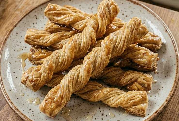 Torciamo le strisce così da ottenere una sorta di spirale su loro stesse e adagiamo su di una teglia foderata. Cuociamo a 180 gradi per 10/15 minuti finché la sfoglia non sarà ben dorata e lo zucchero caramellato.