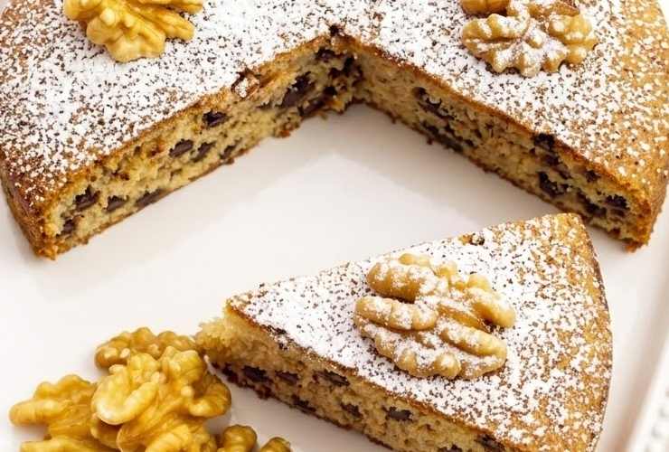 Riversiamo il composto in uno stampo per torte di media grandezza e livelliamo. Cuociamo a 180 gradi per 40 minuti, facendo una prova stecchino prima di spegnere il forno. Una volta raffreddata la torta togliamo dallo stampo e ricopriamo di zucchero a velo.