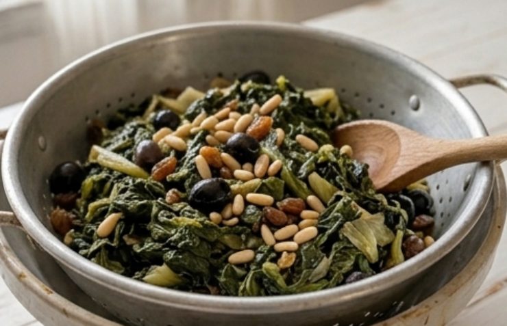 Unite le olive, i capperi, i pinoli e l’uvetta strizzata: fate cuocere finché la scarola risulterà ben asciutta. Lasciatela raffreddare completamente in uno scolapasta per eliminare ogni residuo di liquido. Fatto ciò riprendete la pasta lievitata e stendetela su un piano infarinato formando un rettangolo. Distribuite la scarola fredda su tutta la superficie, poi arrotolate l’impasto dal lato lungo, creando un bel salsicciotto.