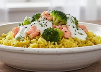 Bowl di riso basmati giallo alla curcuma cotto al microonde, servito con salmone, broccoli al vapore e salsa allo yogurt in una cucina luminosa stile shabby chic.