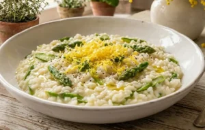 Risotto cremoso agli asparagi con abbondante scorza di limone grattugiata, servito in un piatto di ceramica bianca su un tavolo di legno rustico con fiori di mimosa