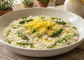 Risotto cremoso agli asparagi con abbondante scorza di limone grattugiata, servito in un piatto di ceramica bianca su un tavolo di legno rustico con fiori di mimosa
