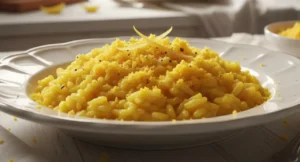 Piatto di risotto giallo cremoso decorato con tuorlo d'uovo sodo sbriciolato effetto mimosa e scorza di limone, in una cucina luminosa shabby chic con fiori di mimosa sullo sfondo