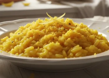 Piatto di risotto giallo cremoso decorato con tuorlo d'uovo sodo sbriciolato effetto mimosa e scorza di limone, in una cucina luminosa shabby chic con fiori di mimosa sullo sfondo