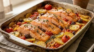 salmone dorato e saporito in teglia