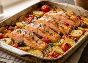 salmone dorato e saporito in teglia