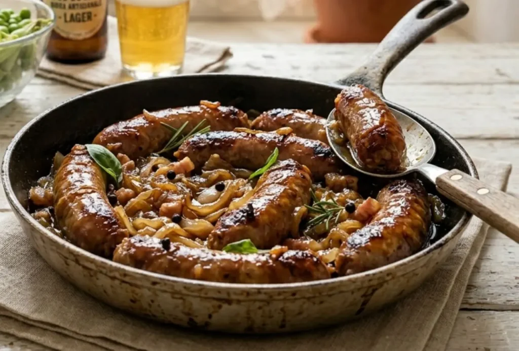 Salsicce rosolate in padella con cipolle caramellate alla birra, servite con pane casereccio e una bottiglia di birra artigianale su tavolo rustico.