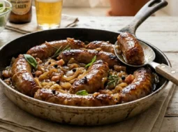 Salsicce rosolate in padella con cipolle caramellate alla birra, servite con pane casereccio e una bottiglia di birra artigianale su tavolo rustico.