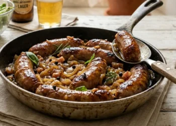 Salsicce rosolate in padella con cipolle caramellate alla birra, servite con pane casereccio e una bottiglia di birra artigianale su tavolo rustico.