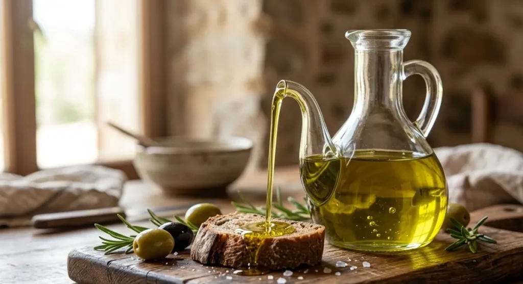 Olio extravergine di oliva versato su pane casereccio con olive fresche e rosmarino su tavola in legno rustica.
