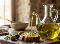 Olio extravergine di oliva versato su pane casereccio con olive fresche e rosmarino su tavola in legno rustica.