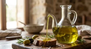 olio-extravergine-oliva-scadenza-test Olio extravergine di oliva versato su pane casereccio con olive fresche e rosmarino su tavola in legno rustica.