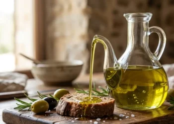 Olio extravergine di oliva versato su pane casereccio con olive fresche e rosmarino su tavola in legno rustica.