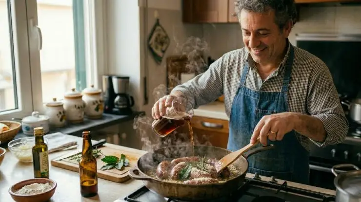 Lasciate sfumare l’alcol per un paio di minuti, poi abbassate la fiamma, coprite con un coperchio e lasciate cuocere per circa 15 minuti. A questo punto togliete il coperchio ed alzate la fiamma negli ultimi 5 minuti: la birra deve ridursi fino a diventare una glassa densa che avvolge le salsicce e le cipolle.Portate in tavola con una macinata di pepe fresco e tanto pane per il sugo e gustate!