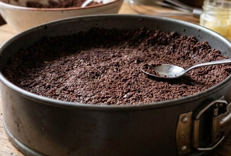 Prendiamo una ciotola e riversiamo la polvere di biscotti sul fondo. Uniamo il burro fuso e amalgamiamo al composto di biscotti fino ad ottenere una sorta di panetto compatto. Andiamo a riversare il panetto nello stampo di una torta a cerniera e schiacciamo sul fondo e lungo i bordi dello stampo;