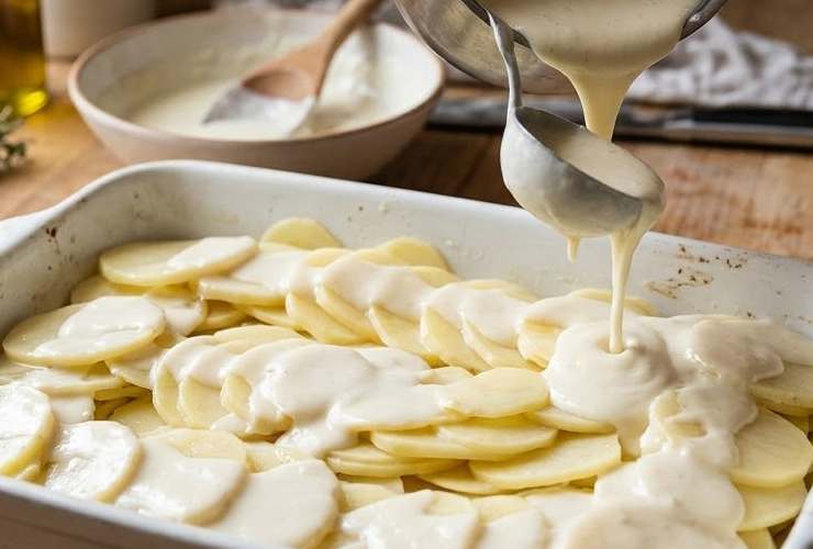 Ricopriamo con un primo strato di fettine di patate (potete usarle solo lesse o decidere di arrostirle leggermente in una padella con un goccio d’olio d’oliva per averle più croccanti). Distribuiamo una manciata di pezzetti di mozzarella e altra besciamella, poi una spolverata di parmigiano grattugiato;