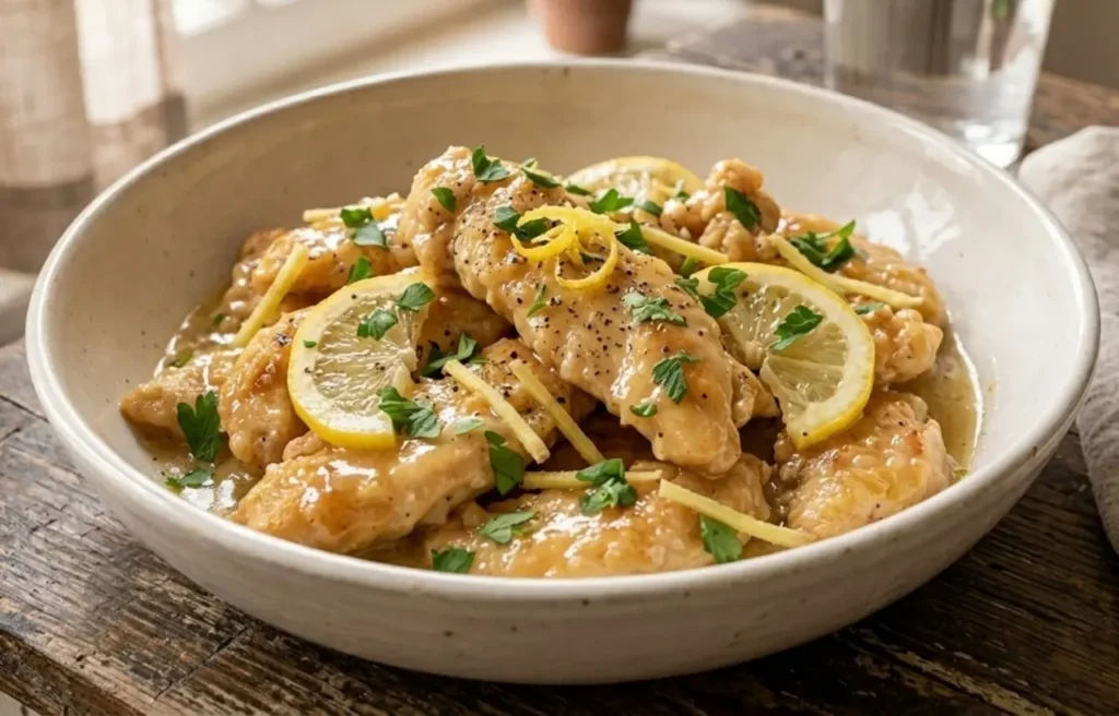 Straccetti di pollo cremosi al limone e zenzero serviti in una ciotola di ceramica, decorati con zeste di limone e prezzemolo fresco su un tavolo rustico.