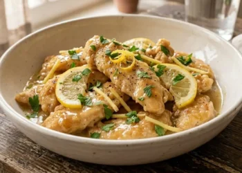 Straccetti di pollo cremosi al limone e zenzero serviti in una ciotola di ceramica, decorati con zeste di limone e prezzemolo fresco su un tavolo rustico.