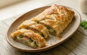 Strudel salato con asparagi, speck e formaggio a pasta filante, presentato a fette su un vassoio di ceramica rustica su un tavolo di legno. Accanto, un mazzetto di asparagi freschi, una bottiglia di Olio EVO Pugliese (Barisano), erbe secche e un vaso con rose rosa e arancioni. Luce naturale proveniente da una finestra.