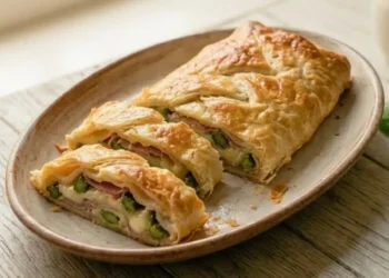 Strudel salato con asparagi, speck e formaggio a pasta filante, presentato a fette su un vassoio di ceramica rustica su un tavolo di legno. Accanto, un mazzetto di asparagi freschi, una bottiglia di Olio EVO Pugliese (Barisano), erbe secche e un vaso con rose rosa e arancioni. Luce naturale proveniente da una finestra.