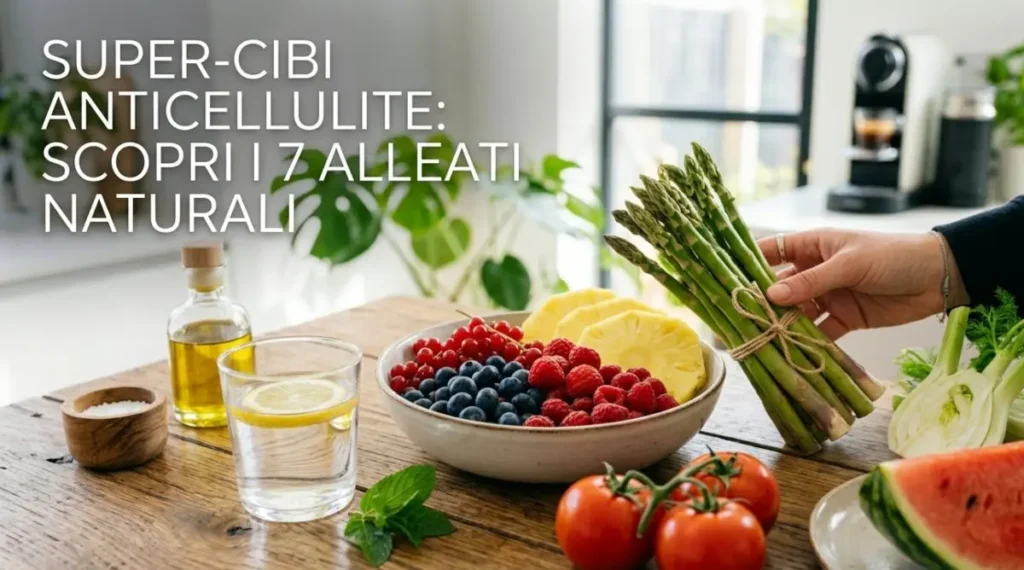 Guida visiva ai 7 alleati naturali anti-cellulite. Infografica visiva con asparagi, frutti rossi, ananas e pomodori: i migliori cibi naturali contro la cellulite e la ritenzione idrica su una tavola in legno.