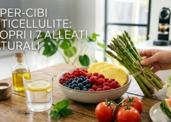 Infografica visiva con asparagi, frutti rossi, ananas e pomodori: i migliori cibi naturali contro la cellulite e la ritenzione idrica su una tavola in legno.
