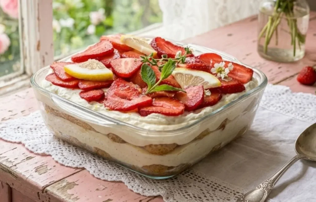 Tiramisù alle fragole e limoncello in pirofila di vetro su tavola rosa shabby chic con fiori e finestra luminosa sullo sfondo.