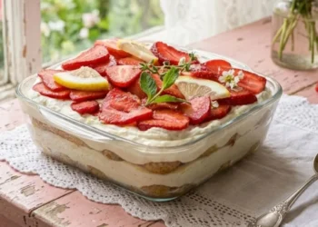 Tiramisù alle fragole e limoncello in pirofila di vetro su tavola rosa shabby chic con fiori e finestra luminosa sullo sfondo.