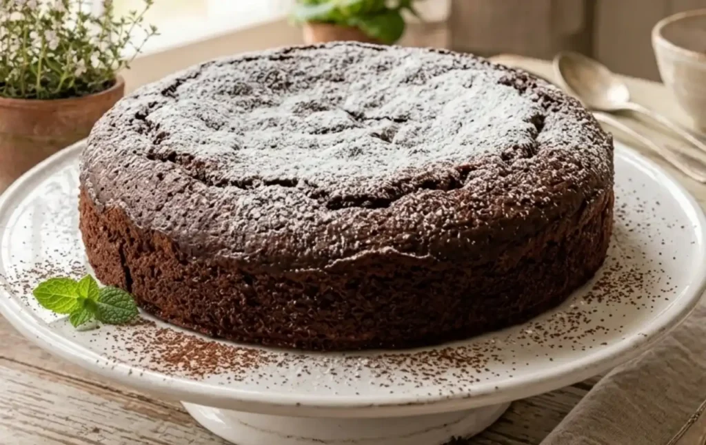 Torta all'acqua al cacao scura e soffice su un'alzatina bianca, spolverizzata di zucchero a velo in una cucina shabby chic luminosa.