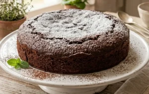 Torta all'acqua al cacao scura e soffice su un'alzatina bianca, spolverizzata di zucchero a velo in una cucina shabby chic luminosa.