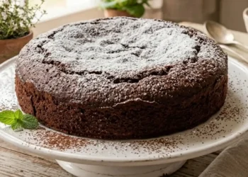 Torta all'acqua al cacao scura e soffice su un'alzatina bianca, spolverizzata di zucchero a velo in una cucina shabby chic luminosa.