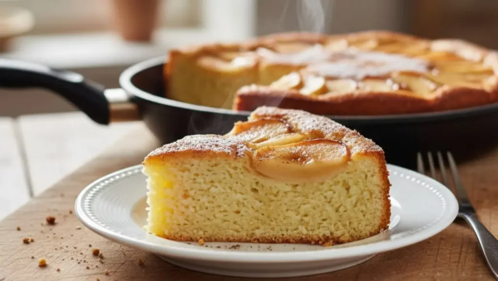 Fetta di torta di mele soffice su un piattino bianco con vapore, sullo sfondo una padella antiaderente con il resto del dolce, luce naturale da una finestra.