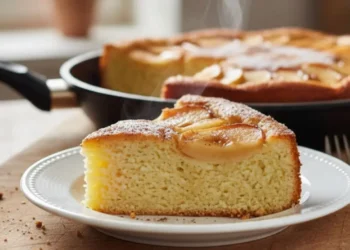 Fetta di torta di mele soffice su un piattino bianco con vapore, sullo sfondo una padella antiaderente con il resto del dolce, luce naturale da una finestra.